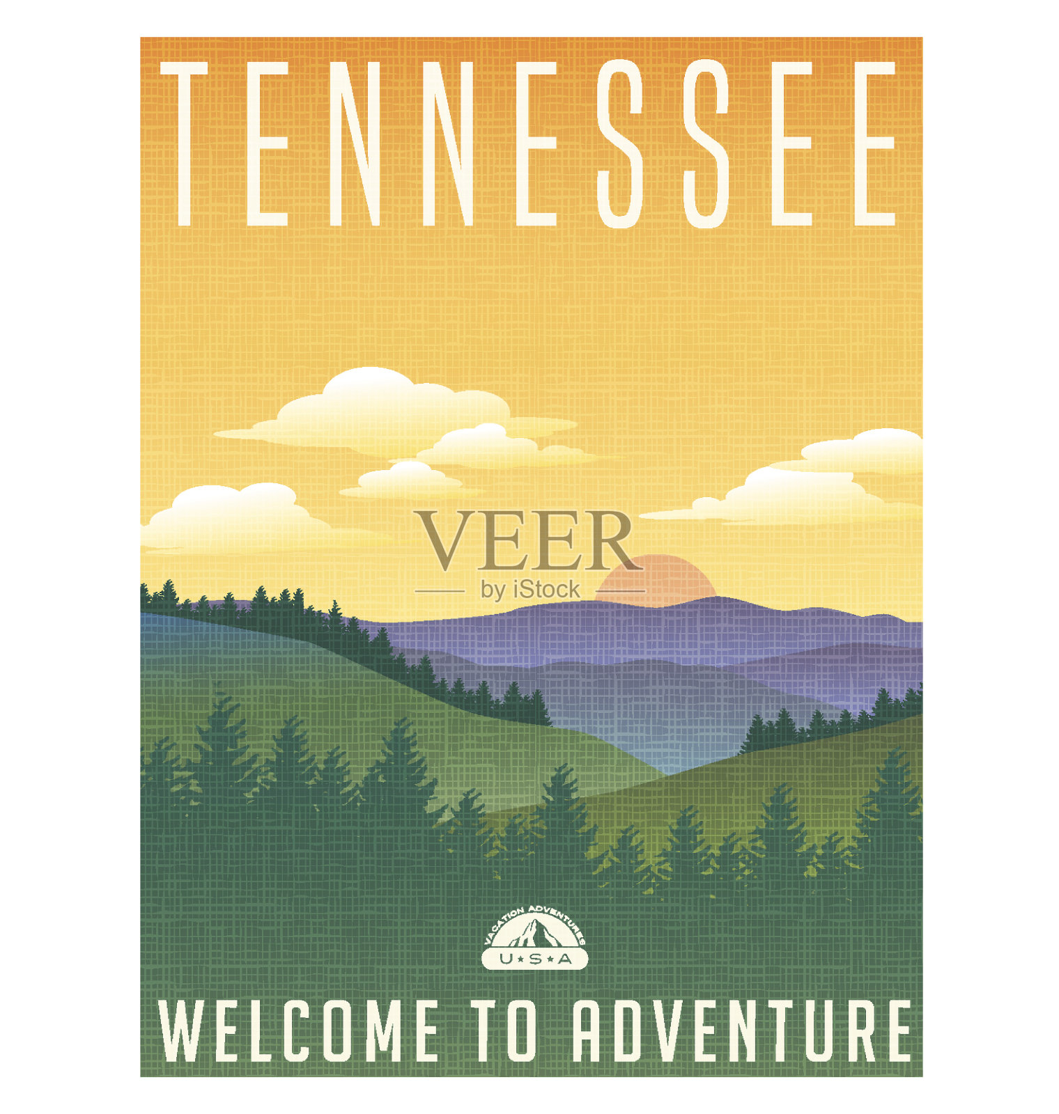 美国田纳西州旅游海报或行李贴纸。风景如画的大烟山与松树和日出。设计模板素材