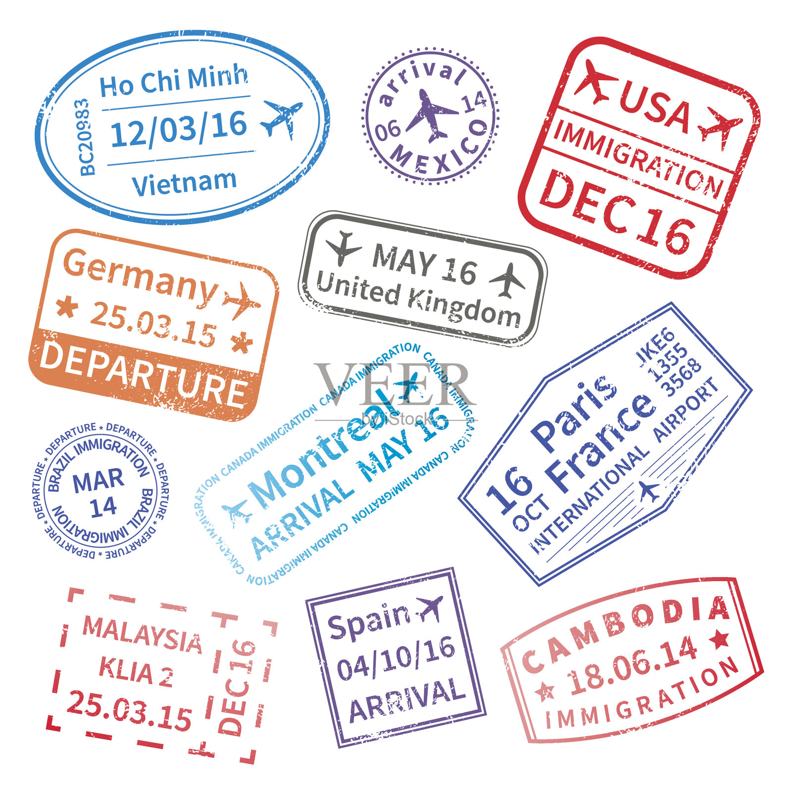 一套大的国际旅行签证印章插画图片素材