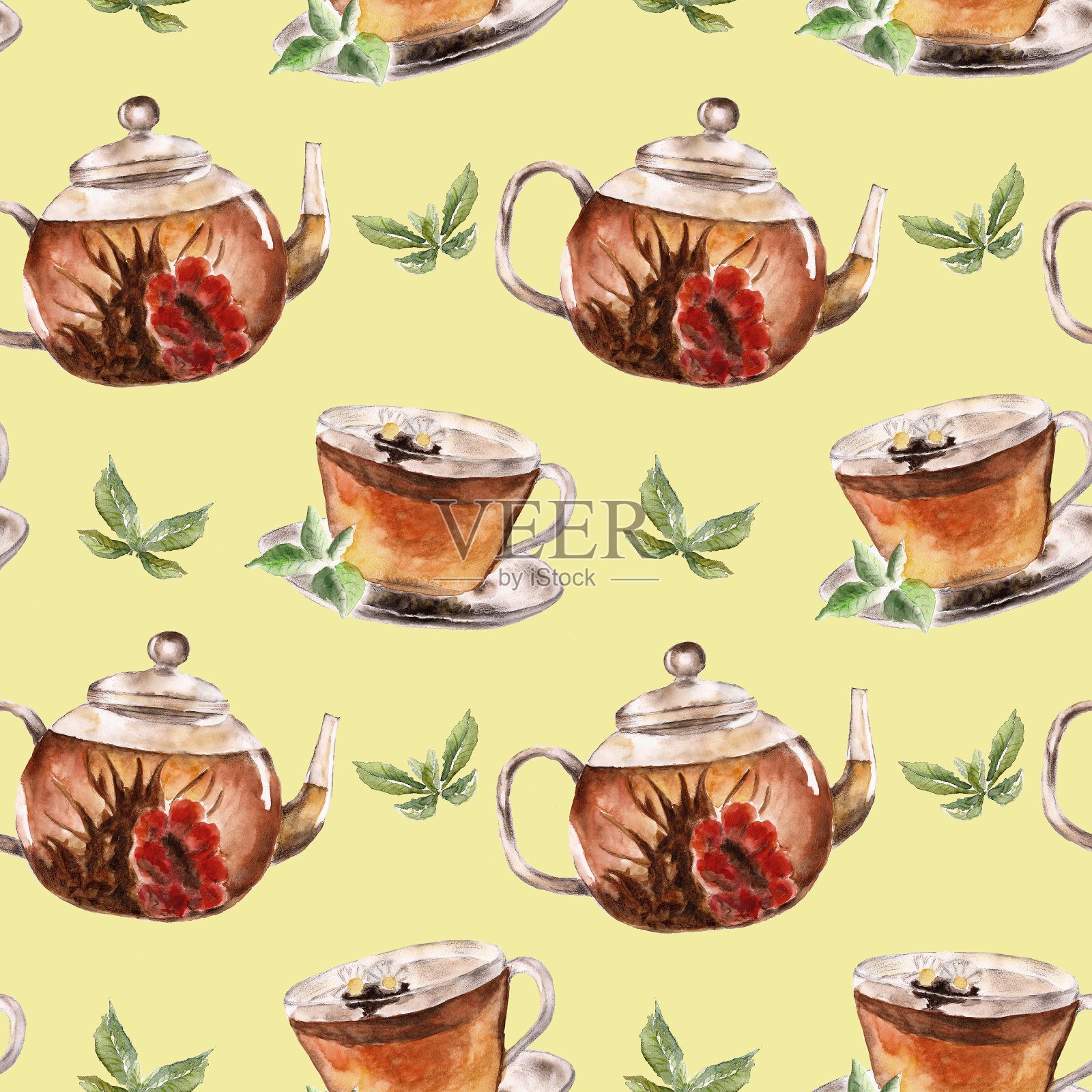 无缝图案与茶杯茶和茶壶插画图片素材