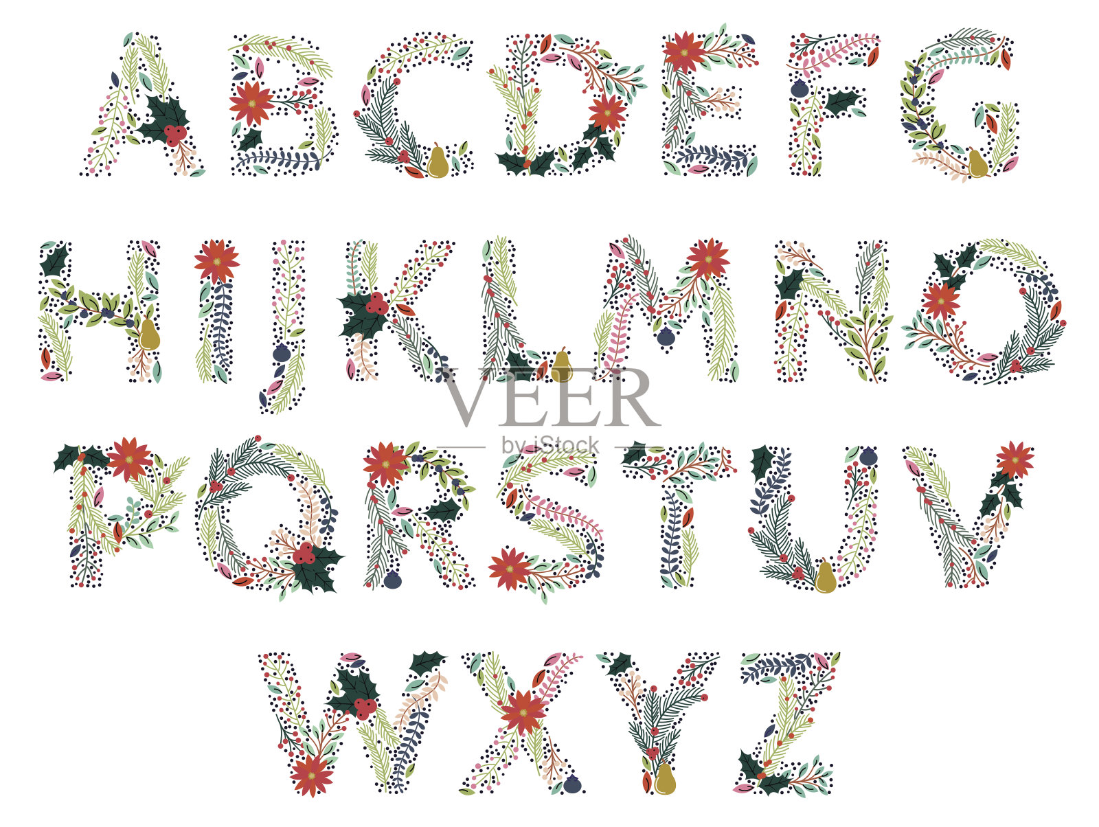 矢量集美丽的圣诞节或冬季假期花字母设计元素图片