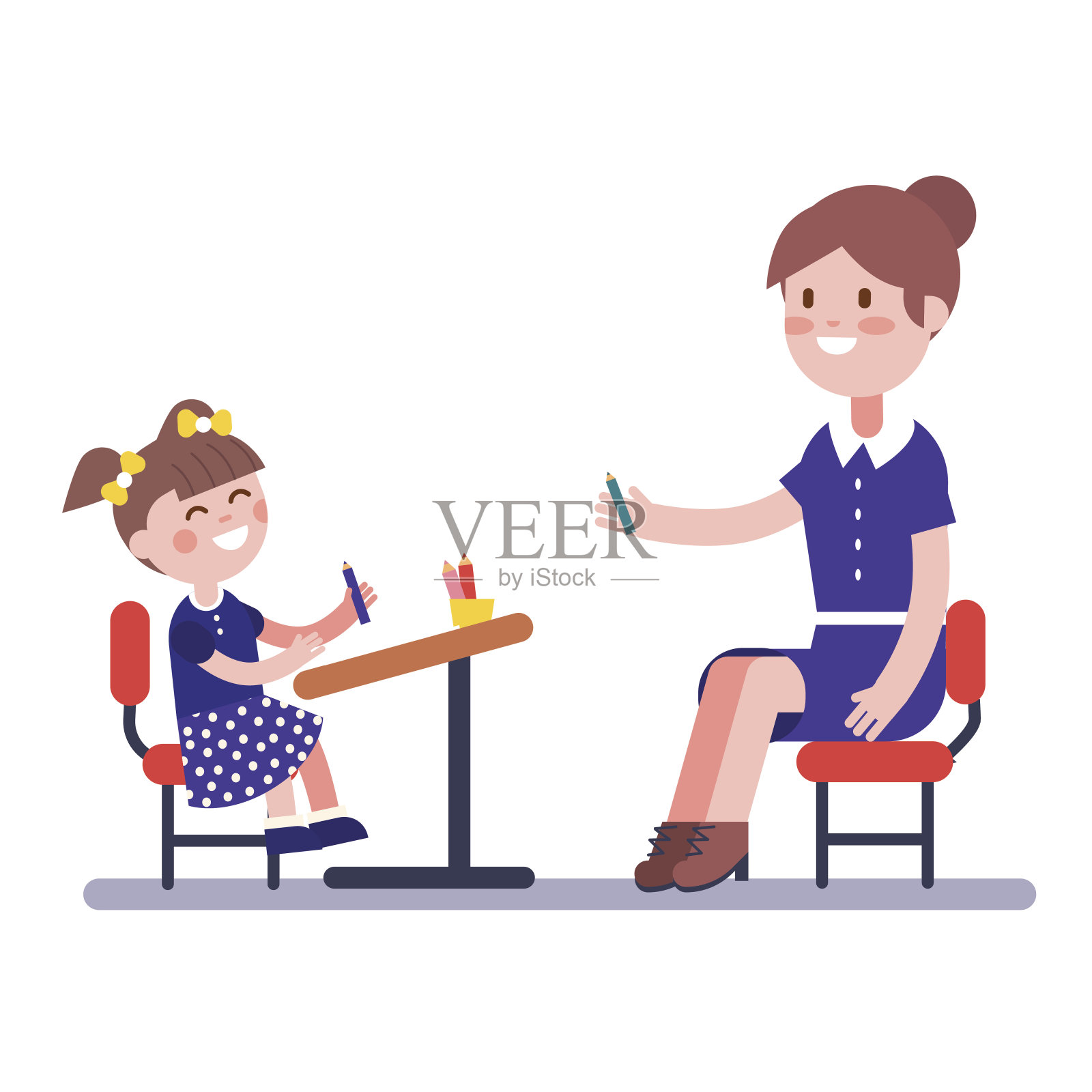 与女学生一起学习的教师或家庭教师插画图片素材