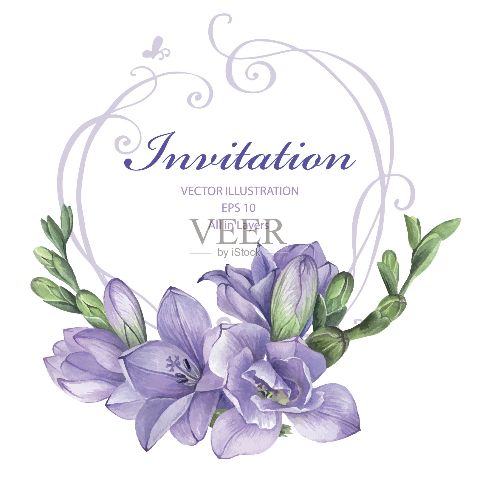 紫色小苍兰花的婚礼请柬框架。设计模板素材