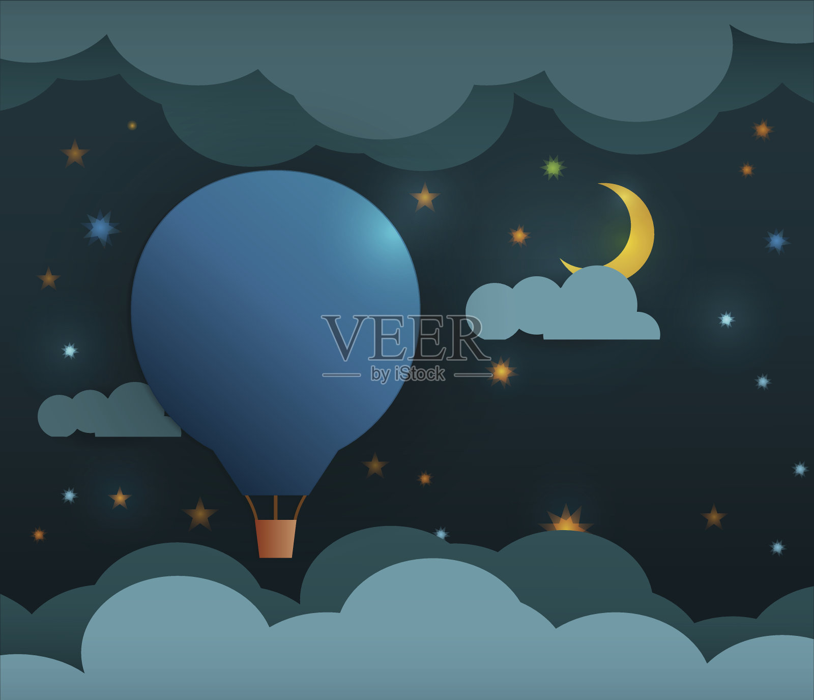 抽象的剪纸。热气球，月亮和星星插画图片素材