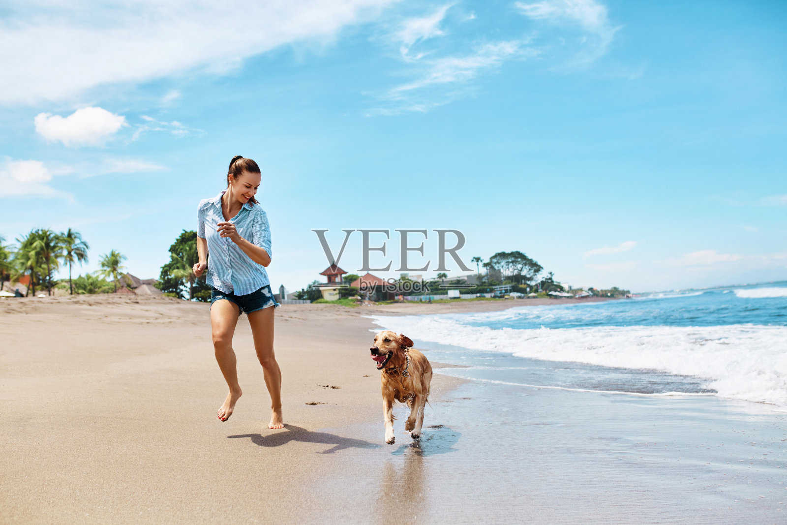 夏天海滩乐趣。带着狗跑的女人。节日假期。夏天照片摄影图片