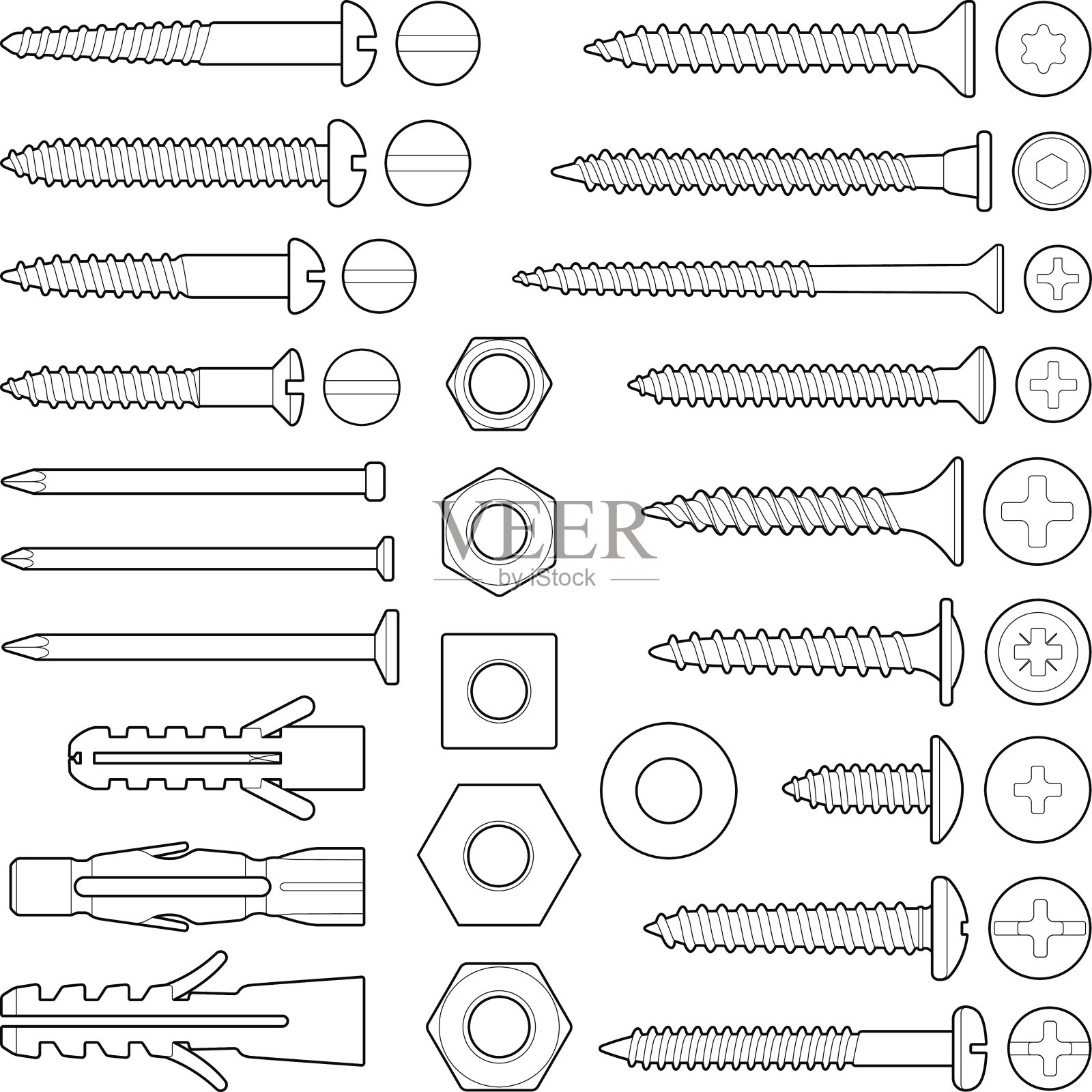 螺钉/螺母/钉子和墙塞收集-矢量线插图设计元素图片