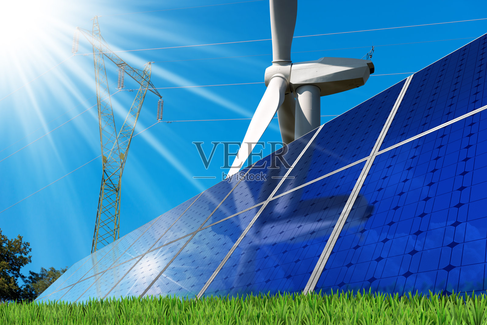 太阳能电池板-风力涡轮机-电线照片摄影图片