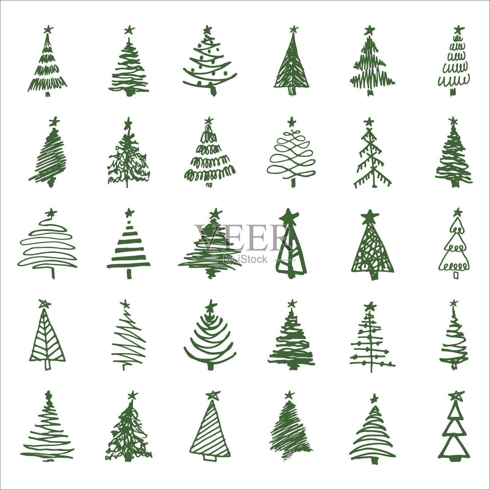 设置手绘素描圣诞和新年树设计元素图片