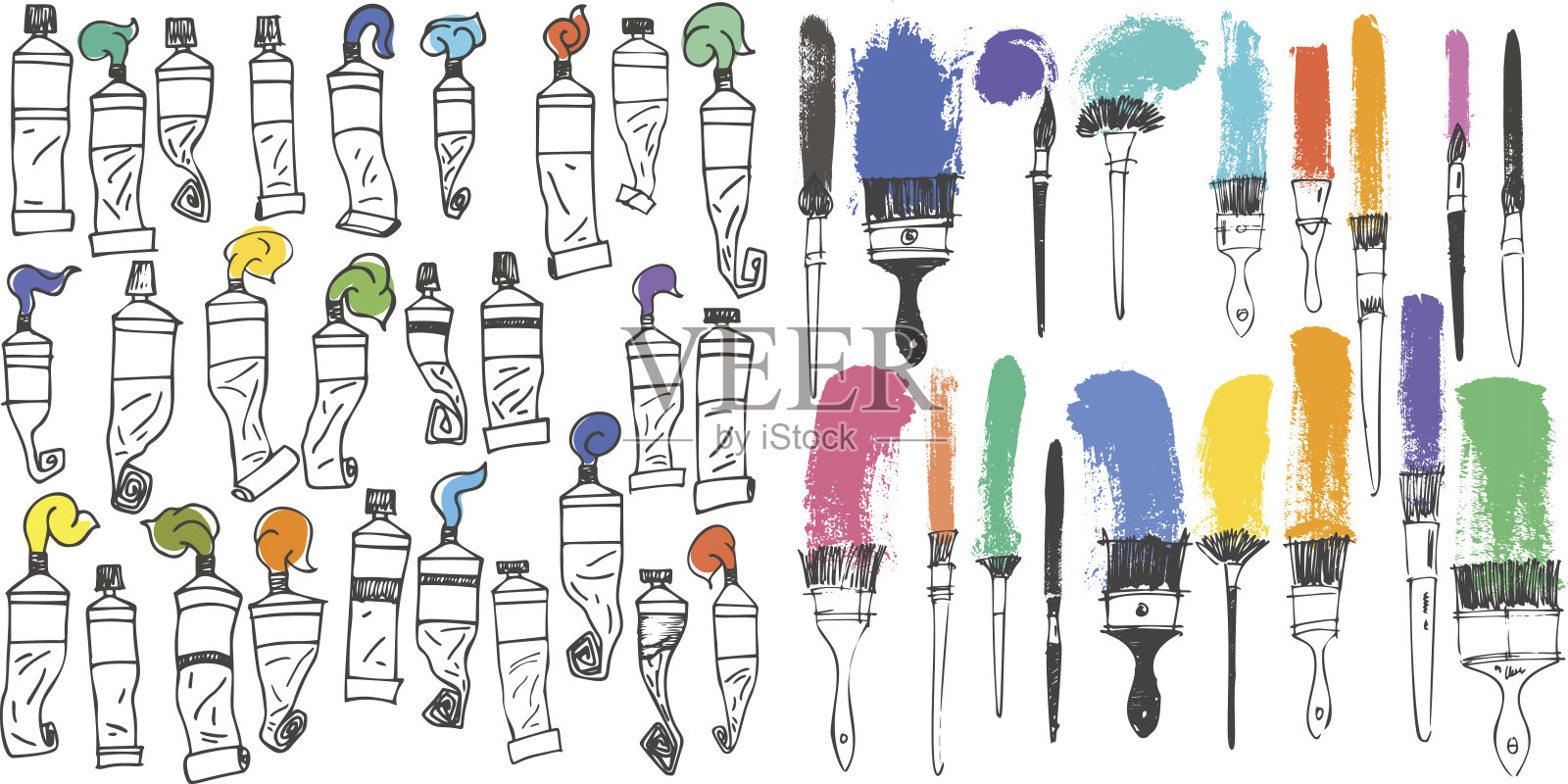 艺术画笔和油画颜料管收集集艺术工具。插画图片素材