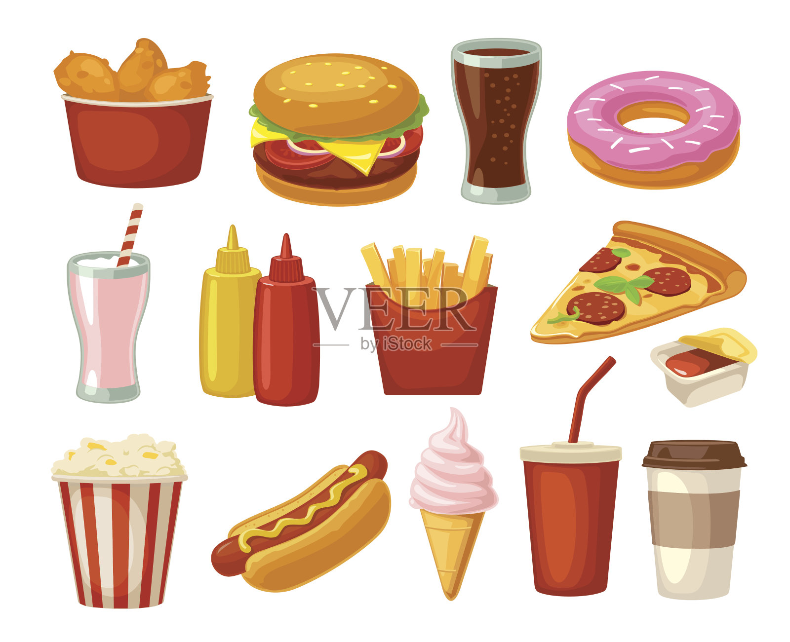 设置快餐图标。杯可乐，汉堡，披萨，炸鸡腿设计元素图片