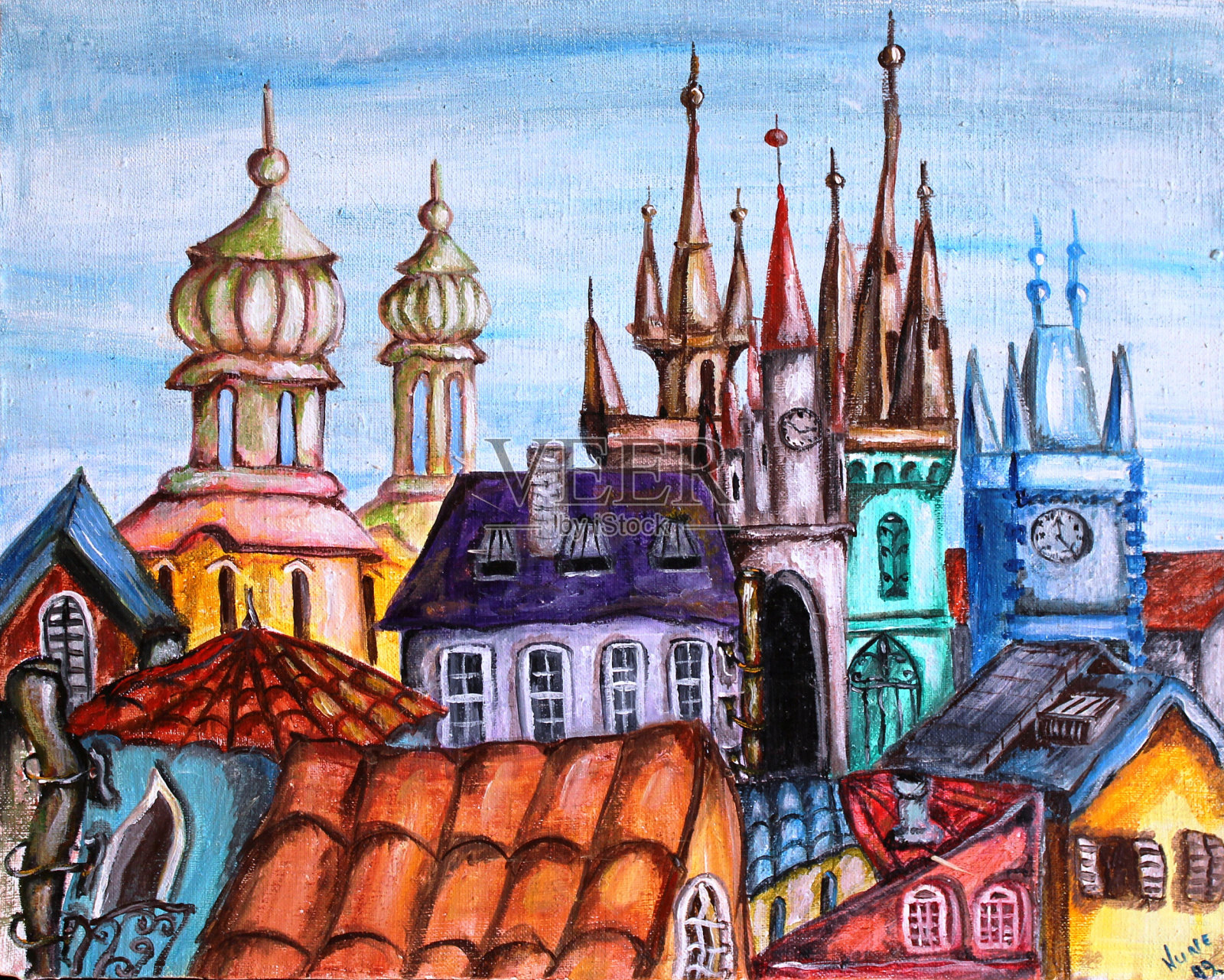 捷克共和国首都布拉格城市风景卡通油画插画图片素材
