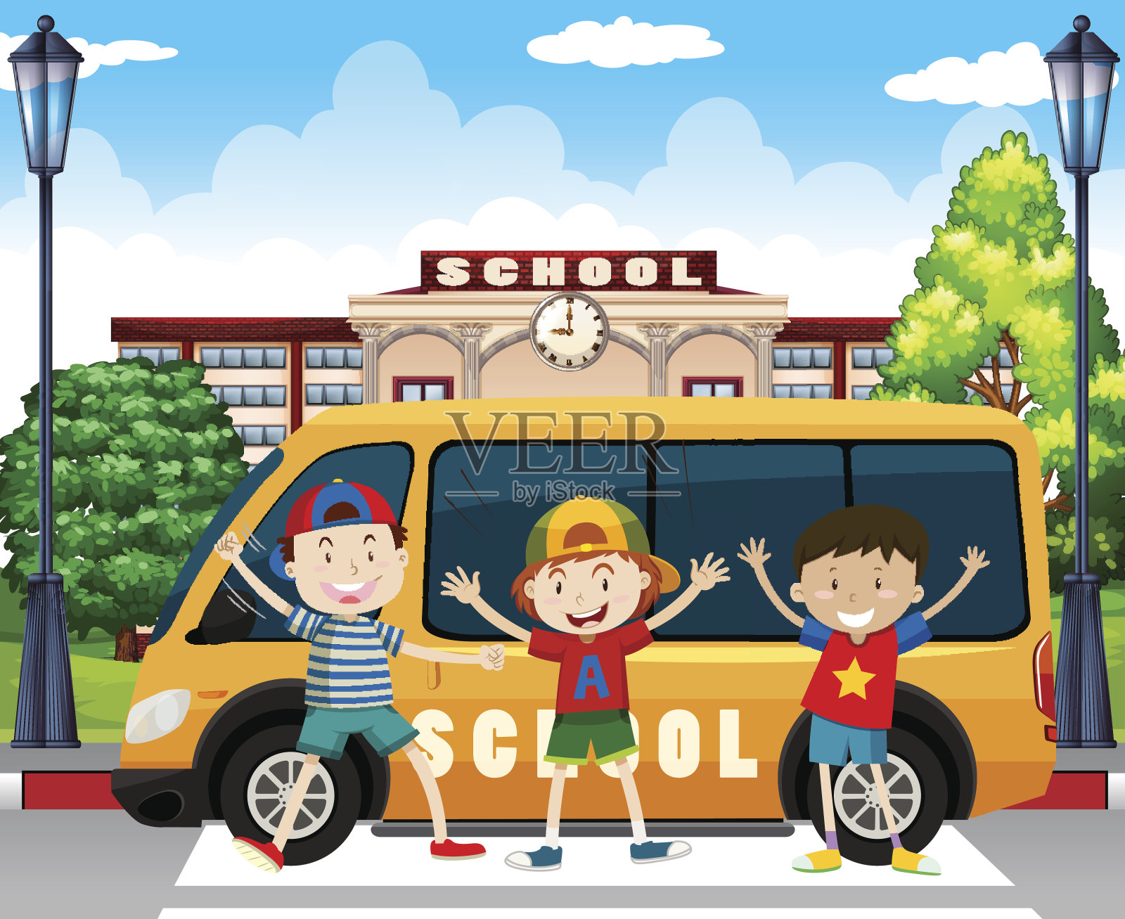 男孩子们站在校车旁插画图片素材