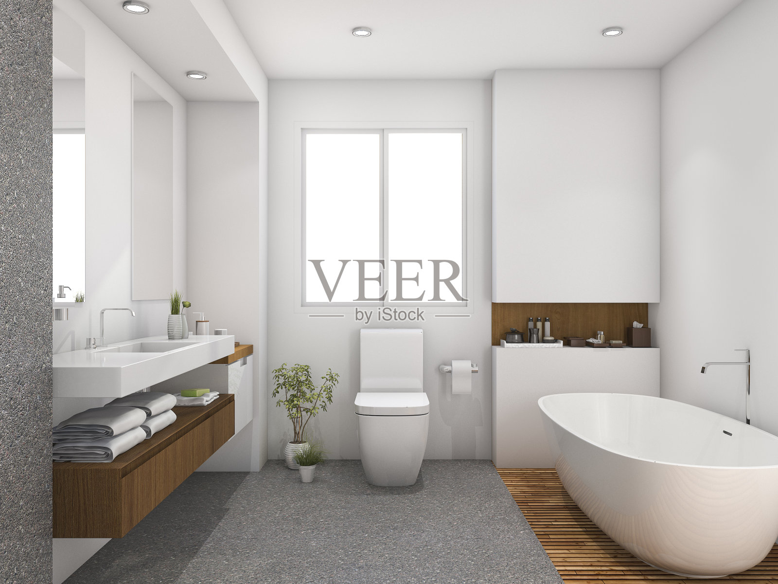 3d渲染木材和瓷砖设计的浴室靠近窗户照片摄影图片