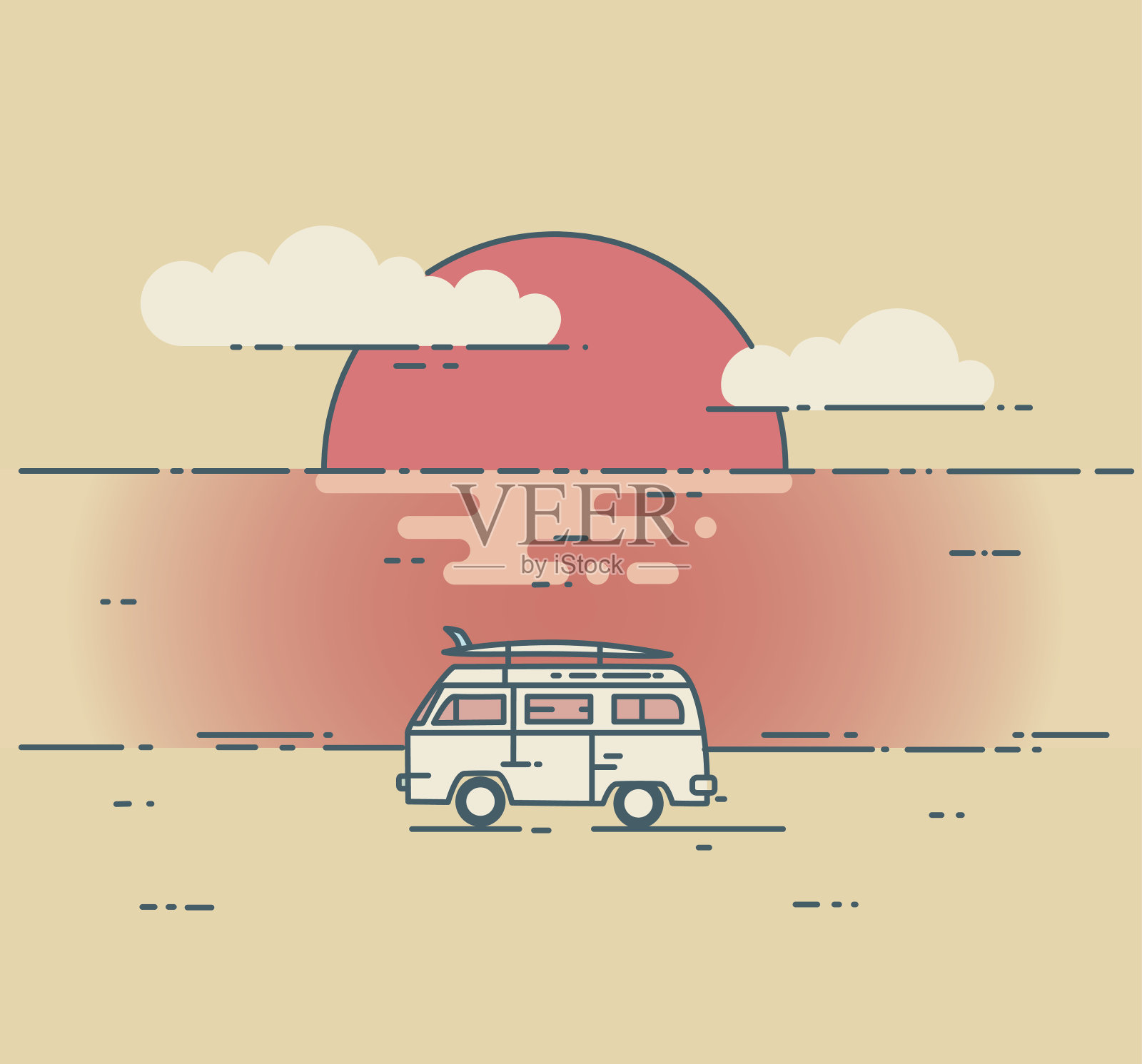 小型货车和海上日落景观。插画图片素材