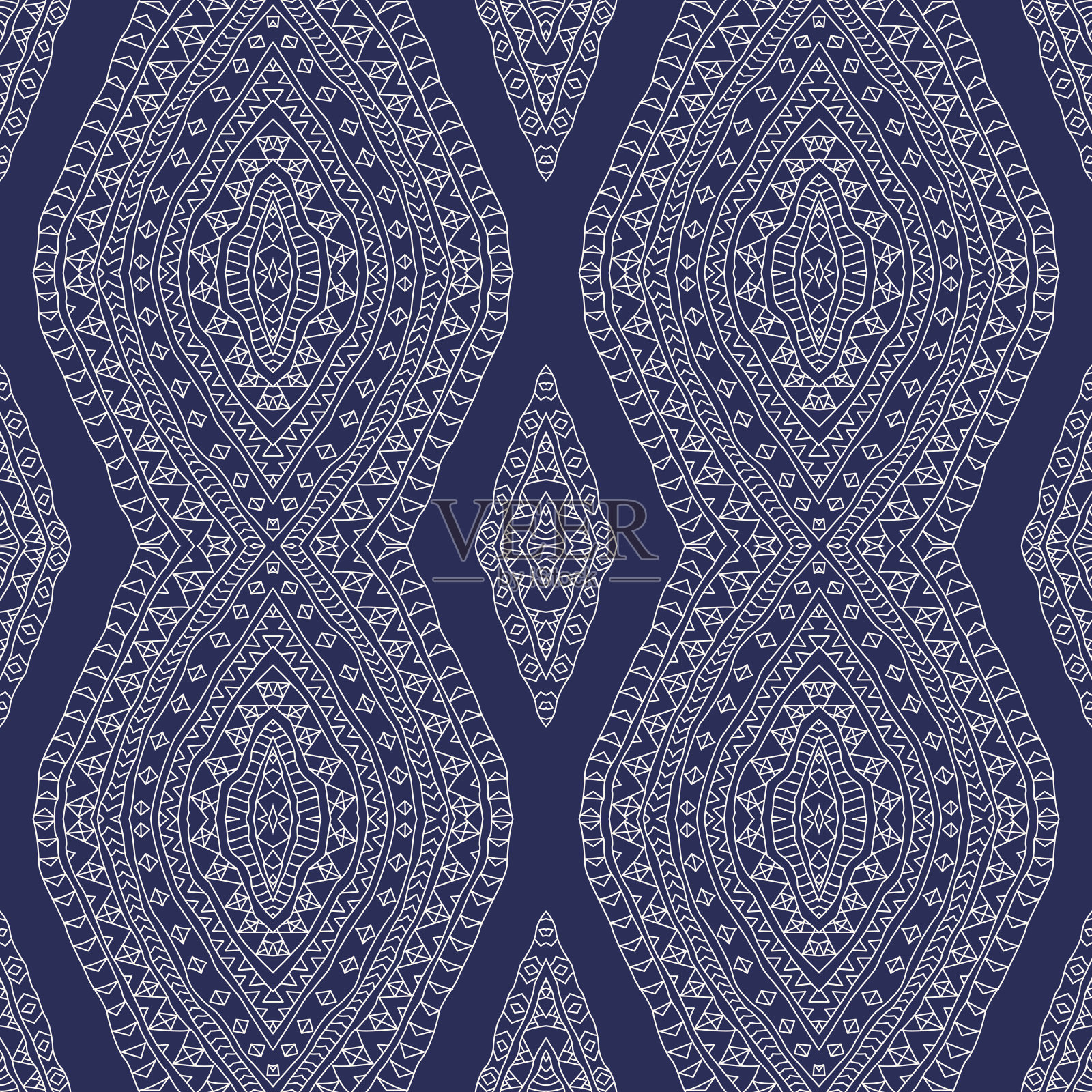 向量抽象波浪无缝模式从浅米色手绘轮廓华丽菱形，爱斯基摩饰品，波浪形条纹在海军蓝背景。纺织幻想打印。包装纸。蜡染画插画图片素材