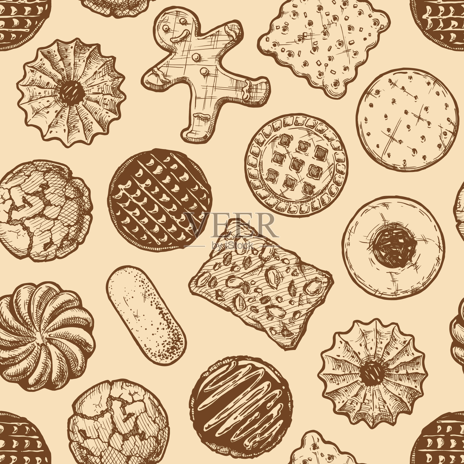无缝模式与不同的美味饼干。插画图片素材