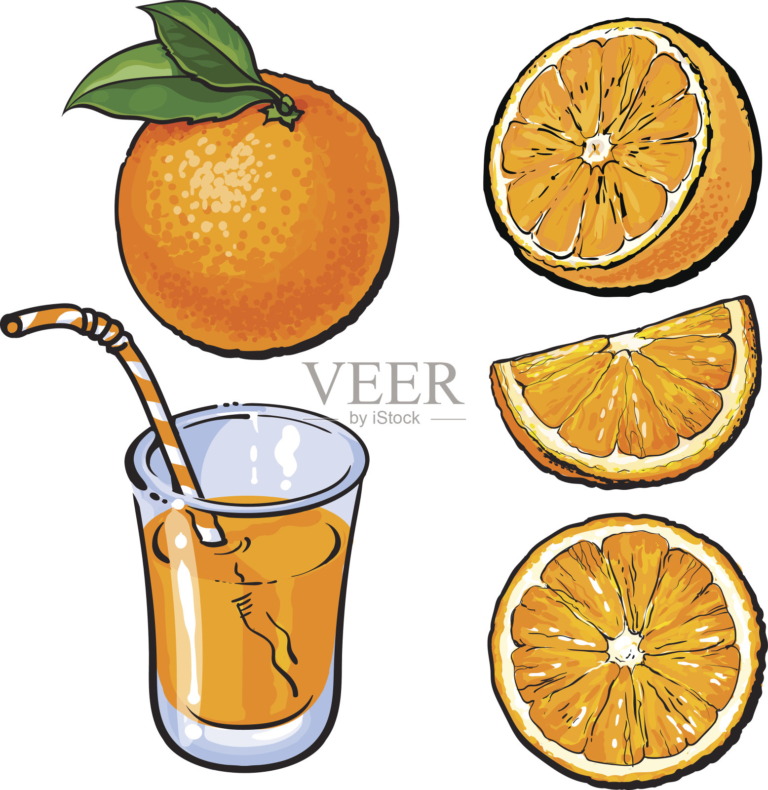 橙子和一杯鲜榨果汁，矢量素描设计元素图片