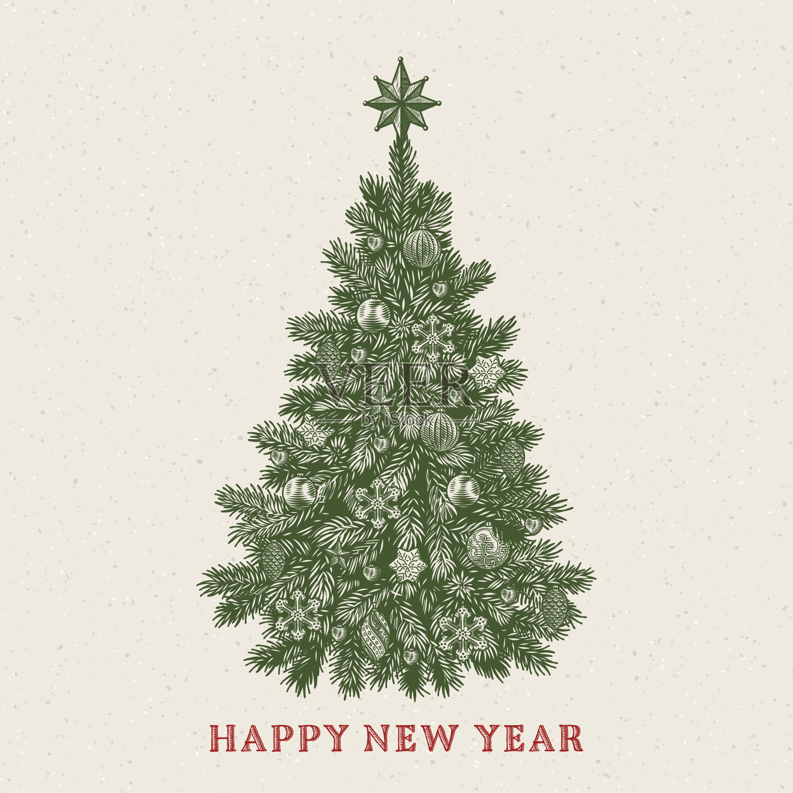 圣诞树。带有新年题词的老式贺卡插画图片素材