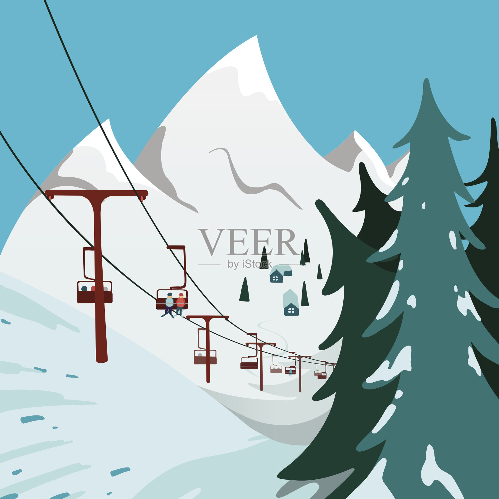 山上的滑雪缆车插画图片素材