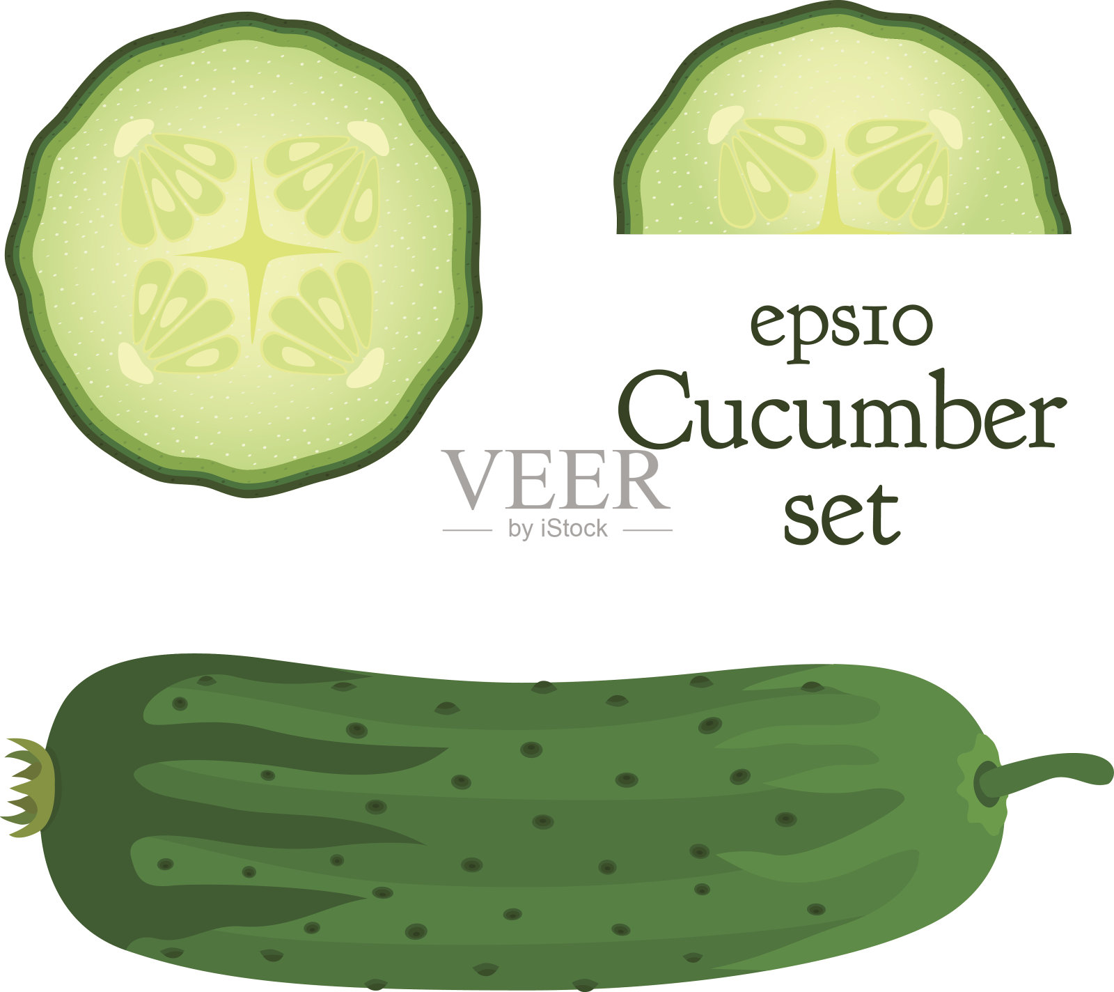 蔬菜、粮食插图。一组黄瓜和切片。平的风格。设计元素图片