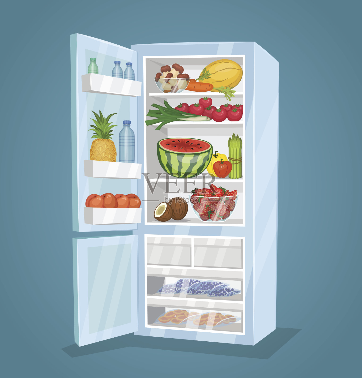 冰箱满食物载体在平面设计插画图片素材