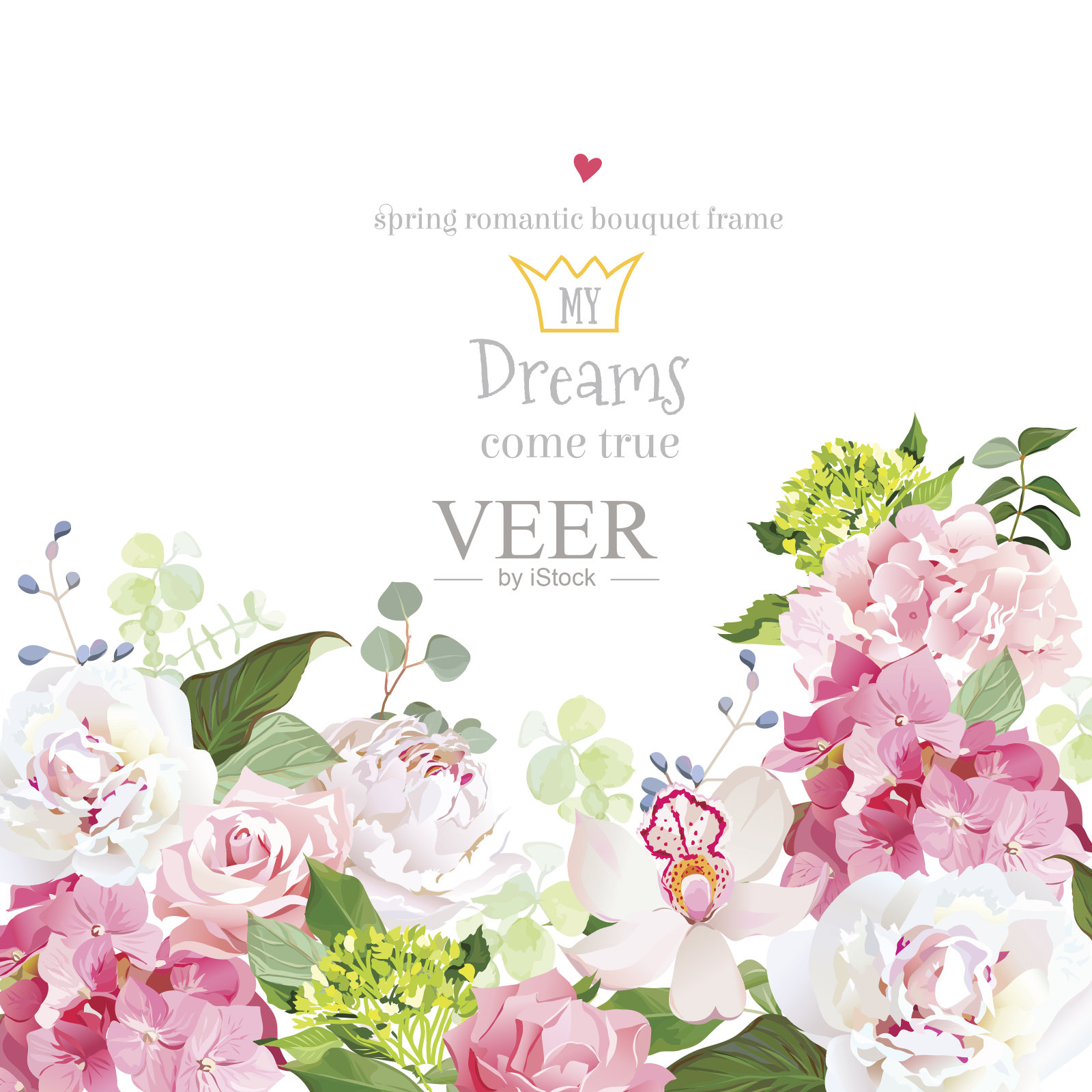粉色绣球、玫瑰、牡丹、兰花、康乃馨矢量设计卡片。插画图片素材