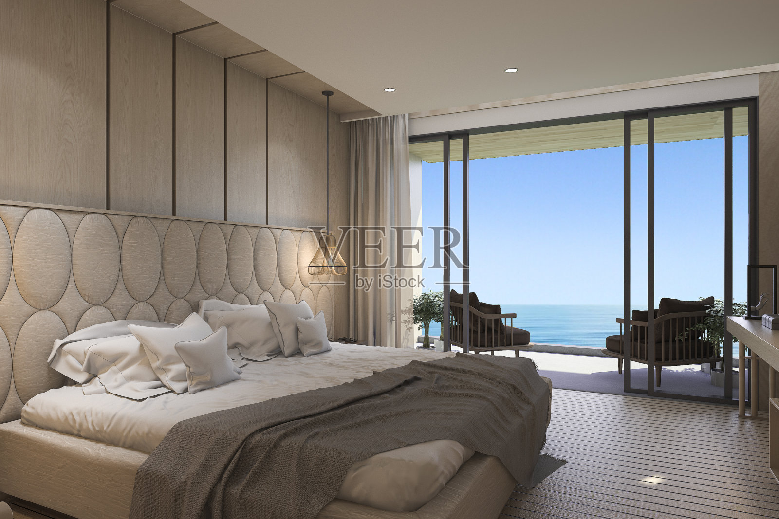 3d渲染漂亮的海景卧室与豪华设计照片摄影图片