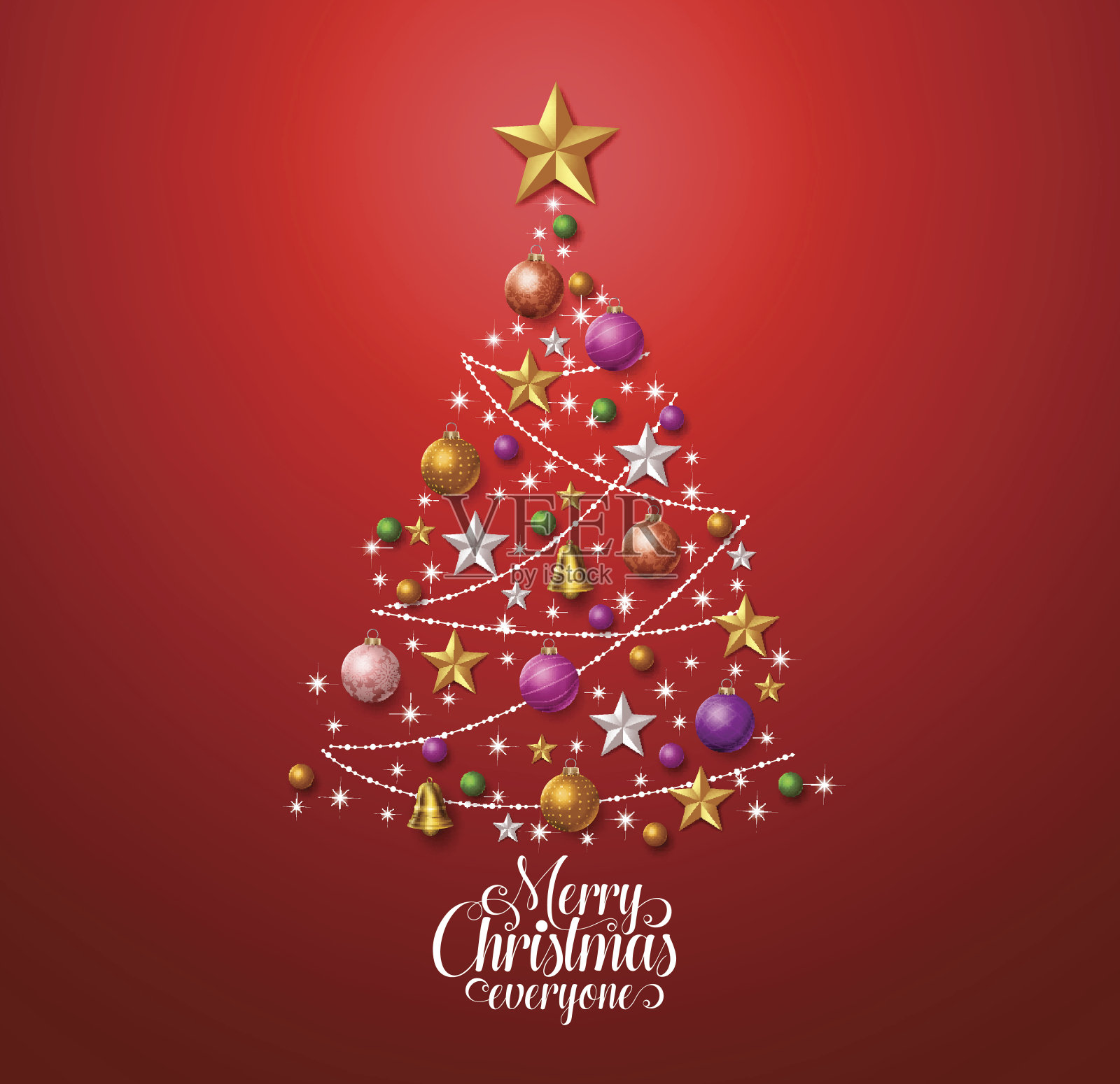 圣诞树设计的贺卡与丰富多彩的圣诞装饰设计模板素材
