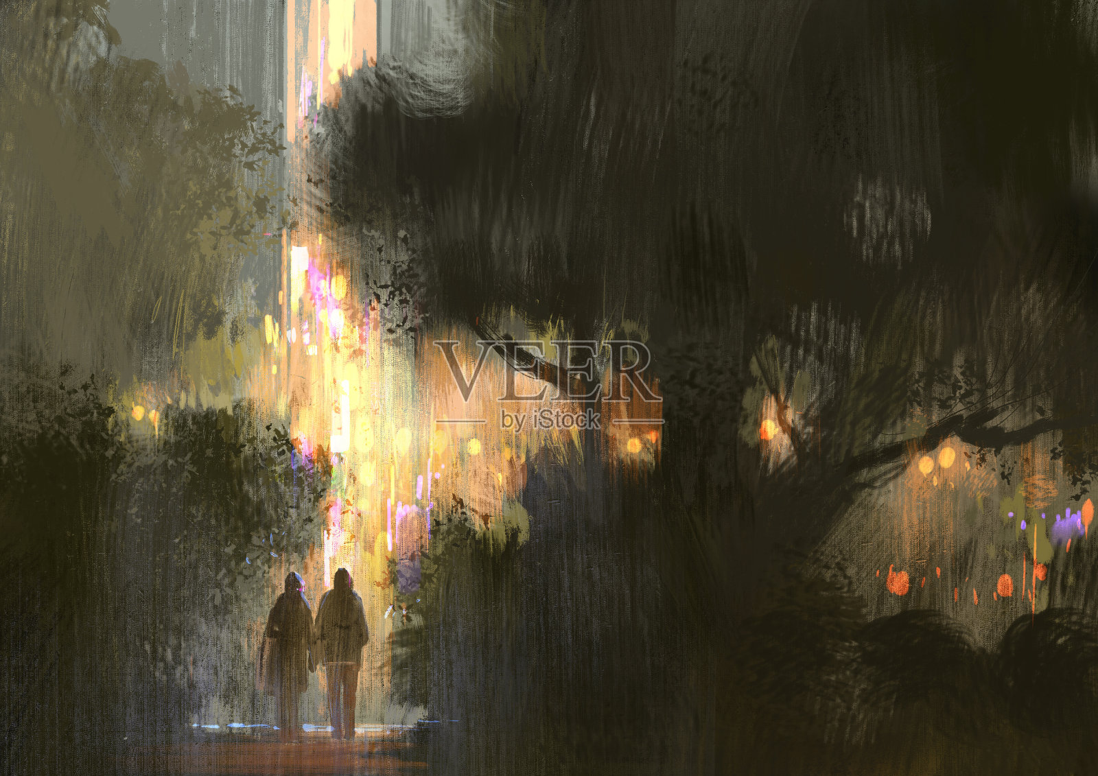 一对情侣晚上在城市公园散步插画图片素材