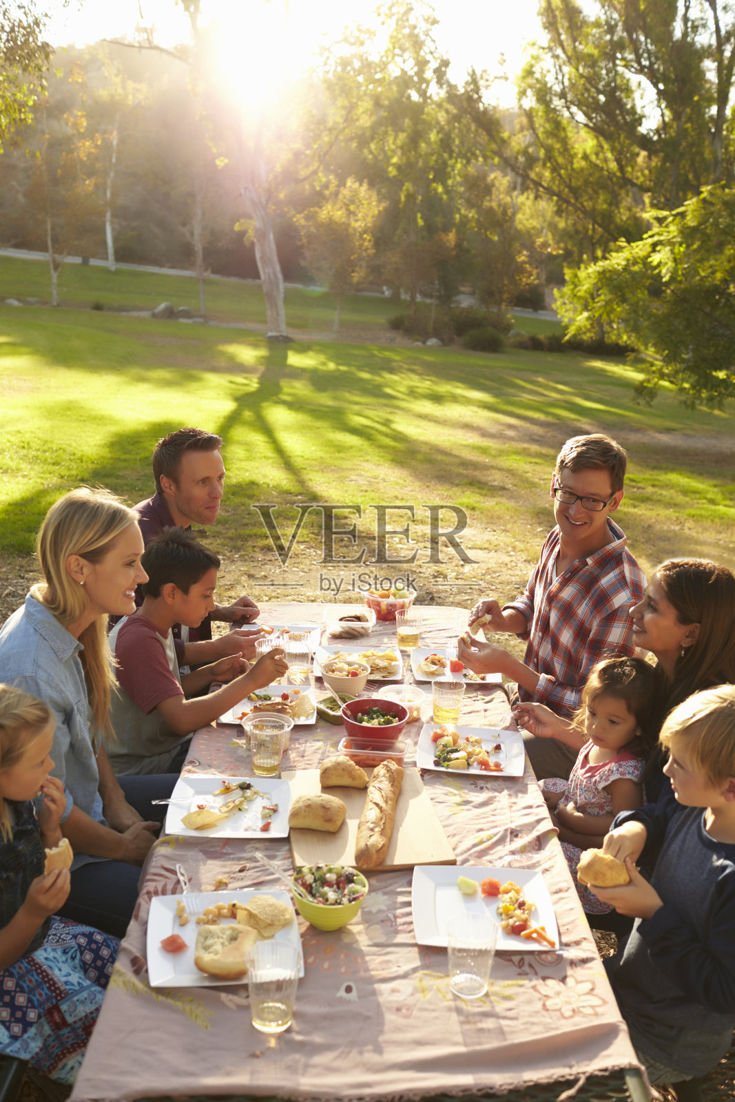 两个家庭在公园的一张桌子上野餐，垂直的照片摄影图片