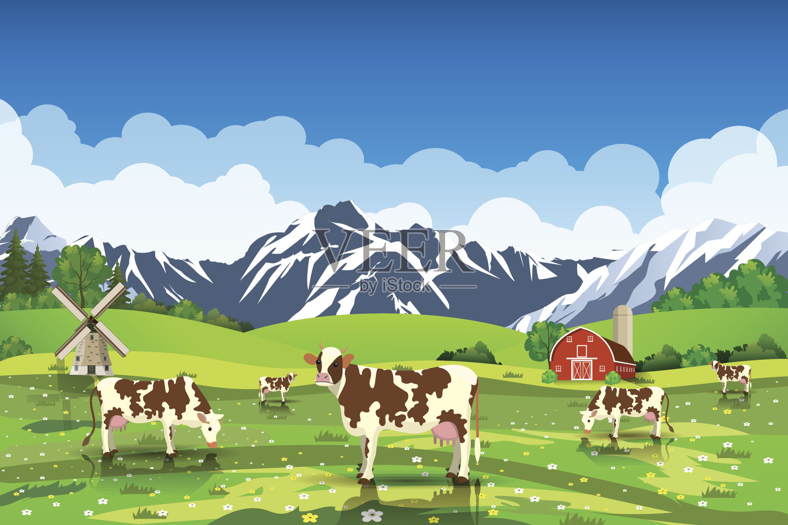 农村日出景观与奶牛和农场插画图片素材