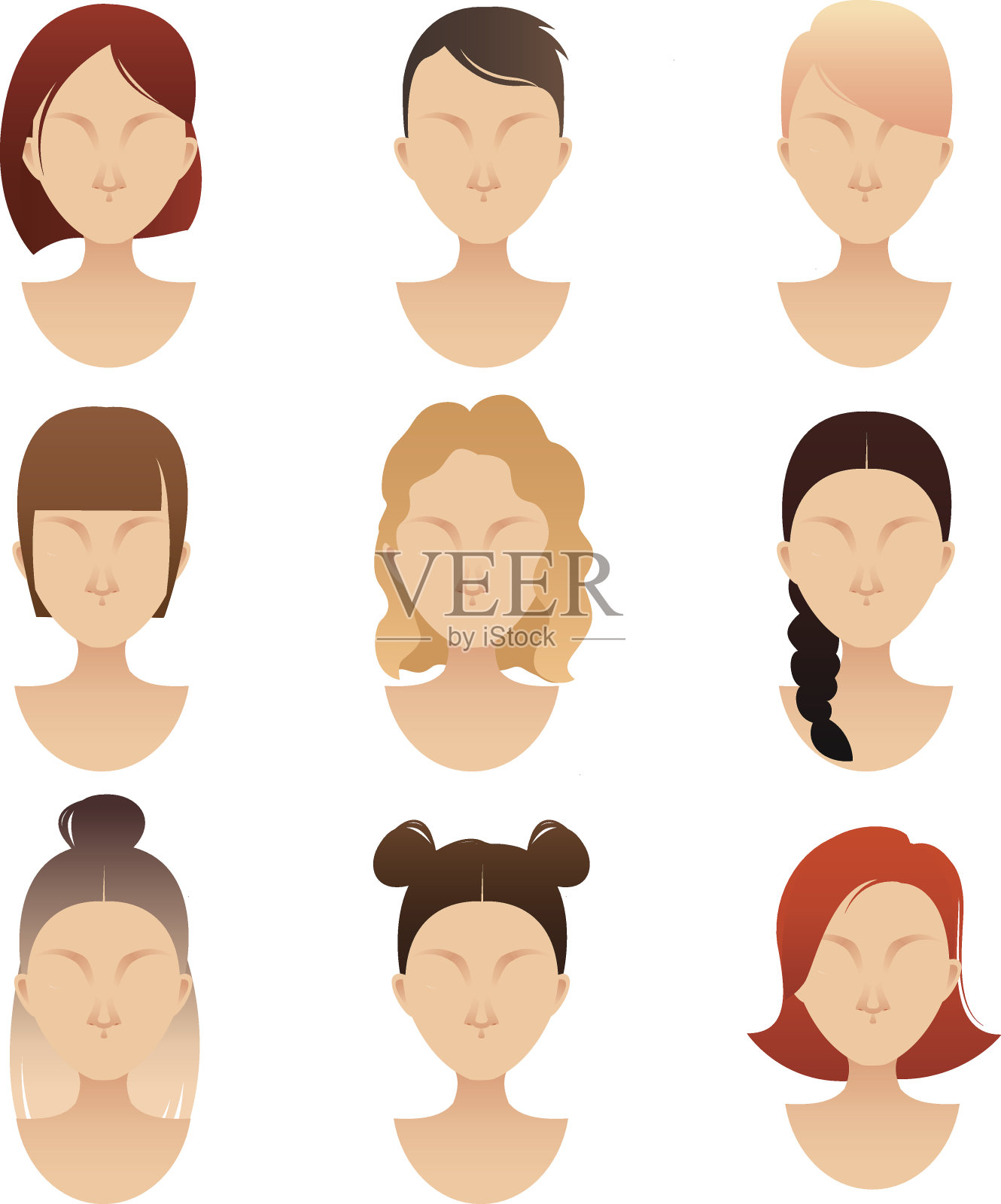 一组不同发型的女性面孔设计元素图片