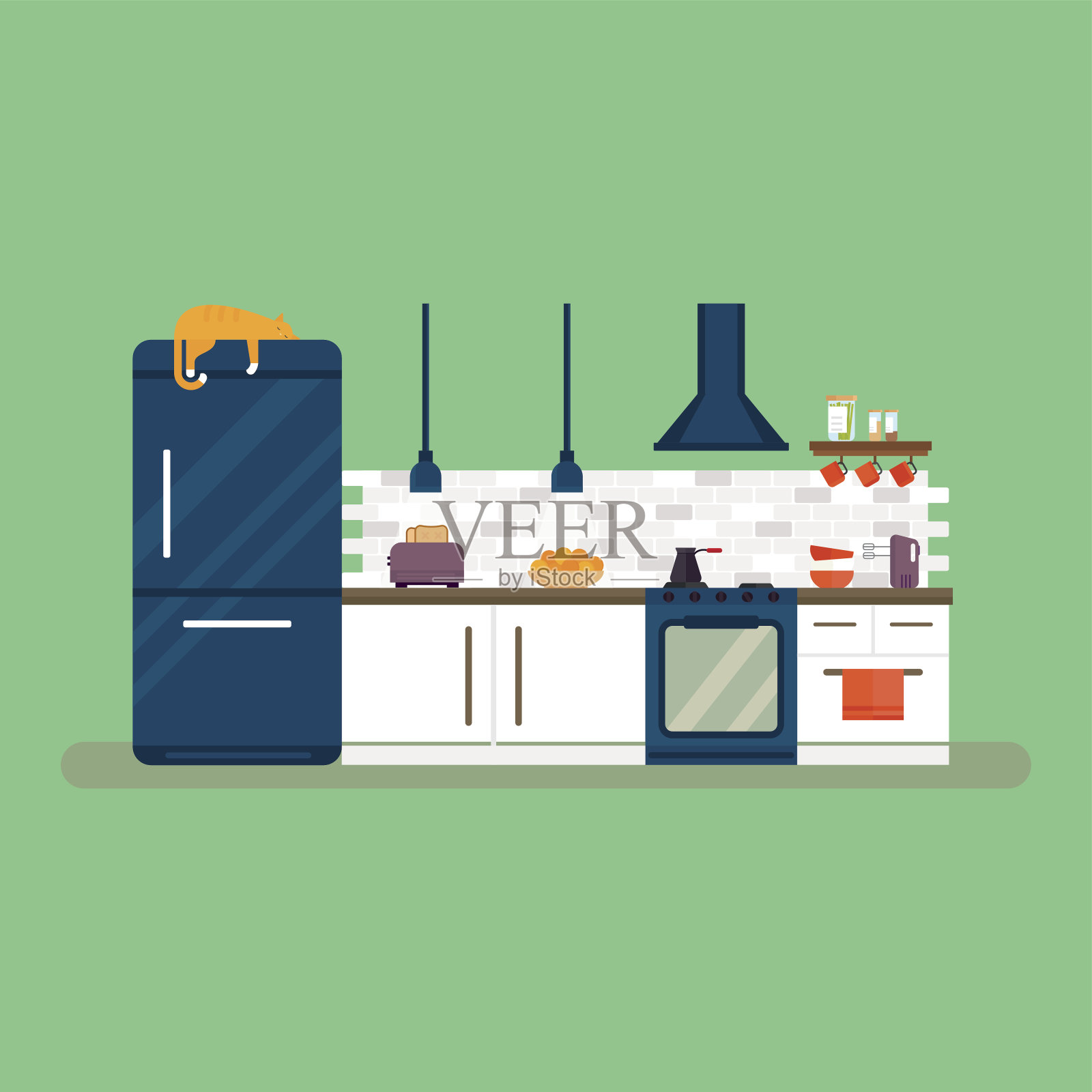 厨房和家具室内平面风格矢量插画插画图片素材