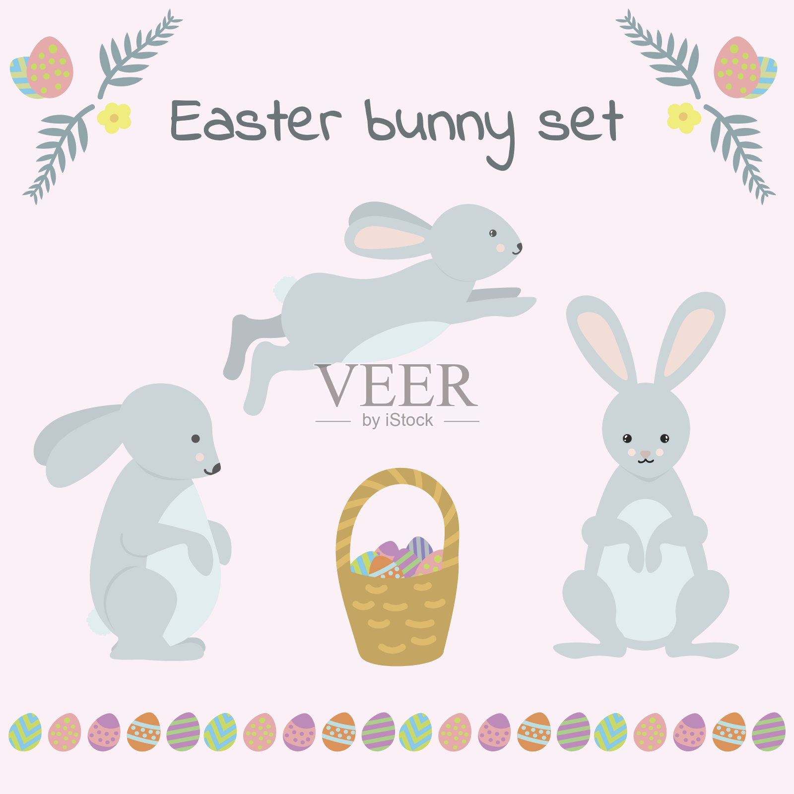 一组可爱的复活节兔子和彩蛋和横幅。插画图片素材