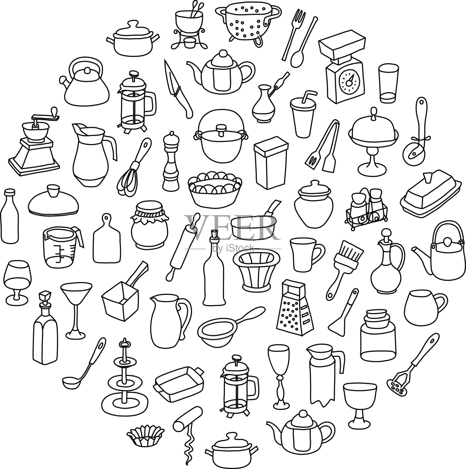 不同类型的炊具的一组图标。插画图片素材