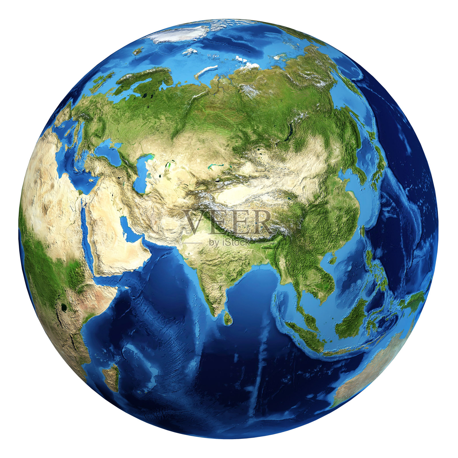 地球，逼真的3D渲染。亚洲和欧洲的观点。照片摄影图片