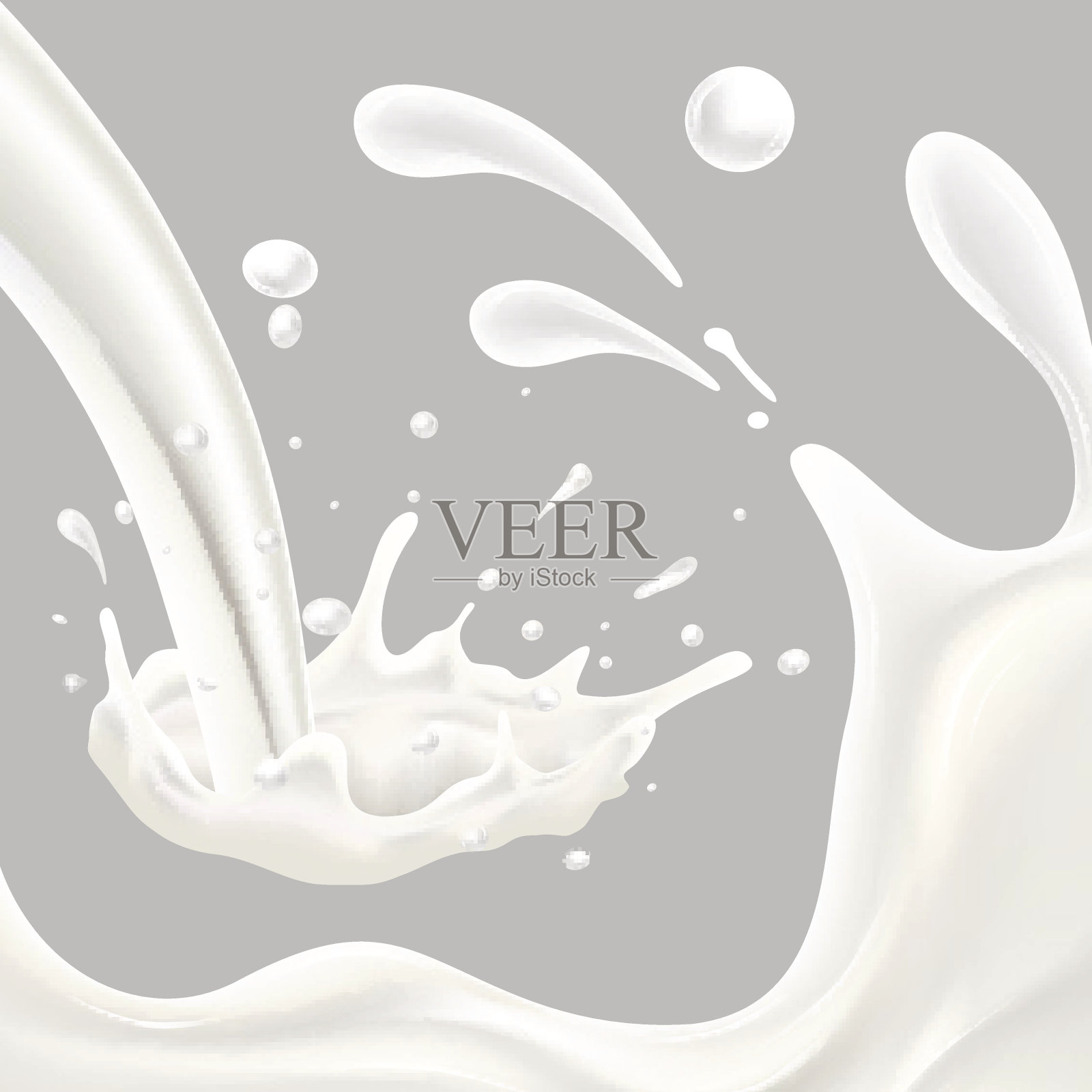 设置溅牛奶和倒牛奶，在灰色背景下，所有对象隔离，并可以单独编辑插画图片素材