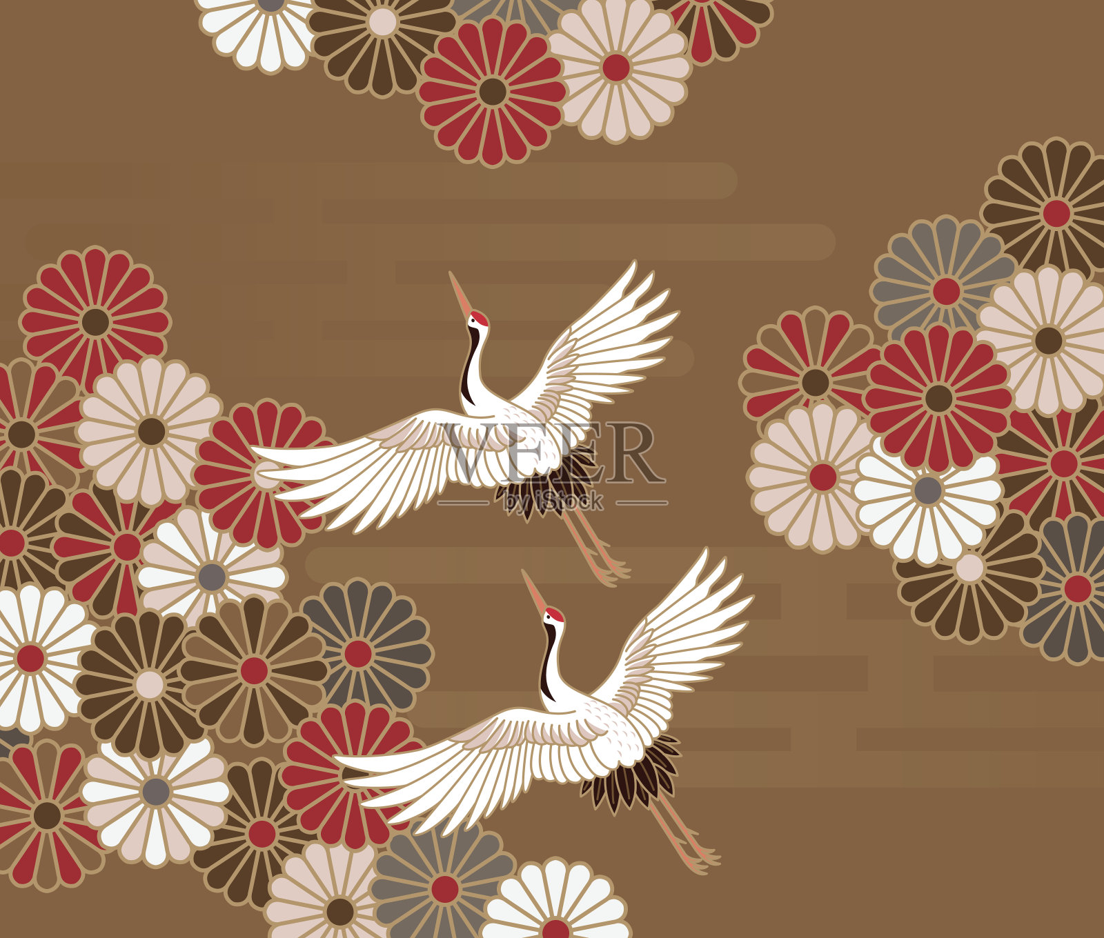 鹤和菊花日本传统图案插画图片素材