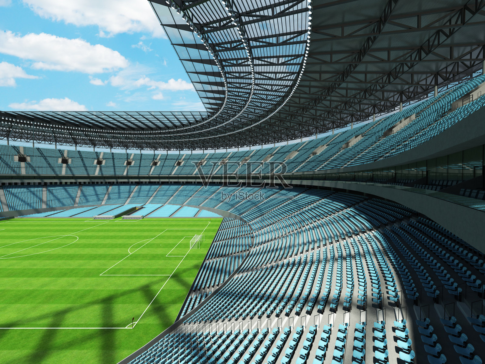 漂亮的现代足球体育场，天蓝色的座位照片摄影图片