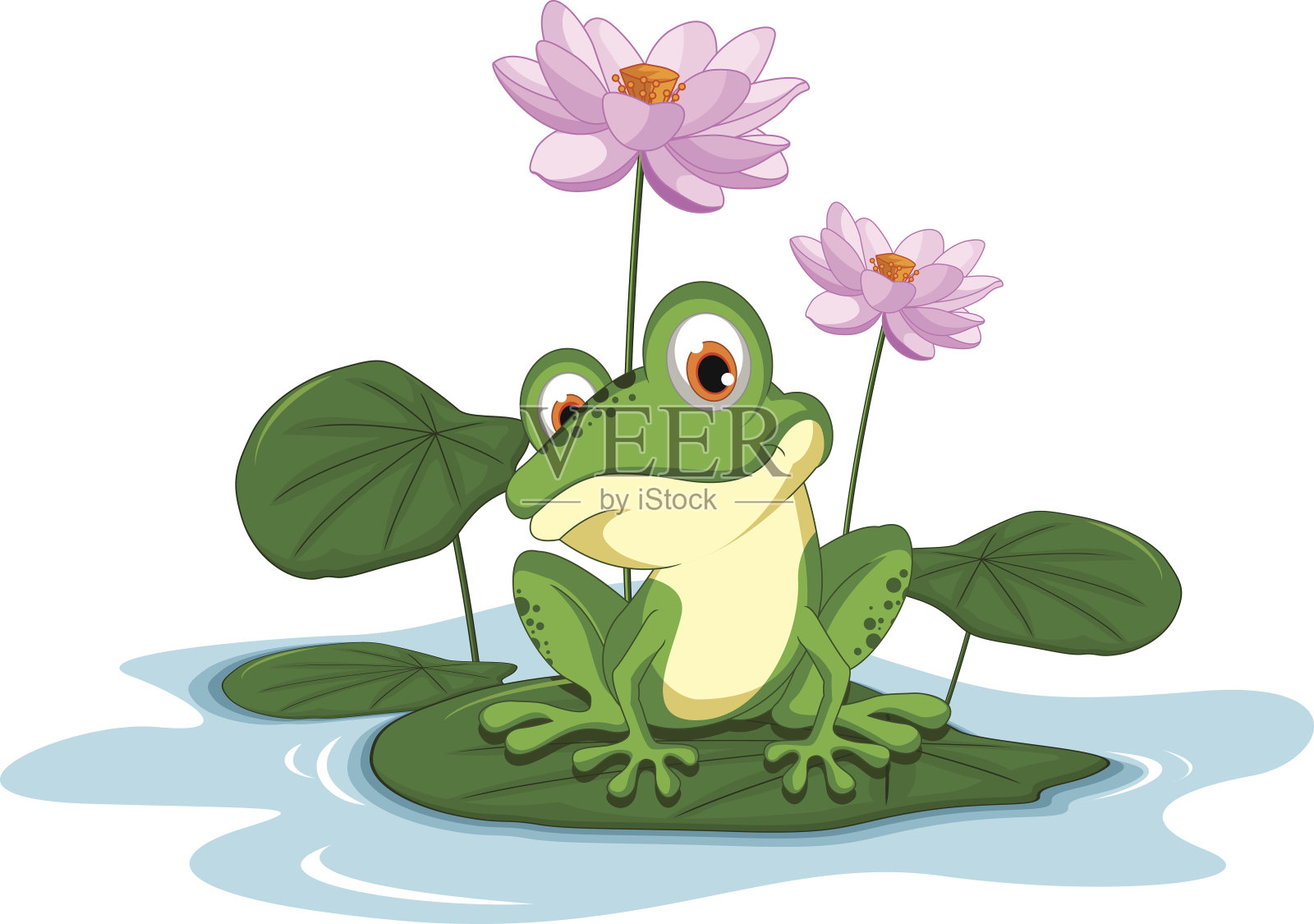 一只绿色的青蛙坐在树叶上插画图片素材