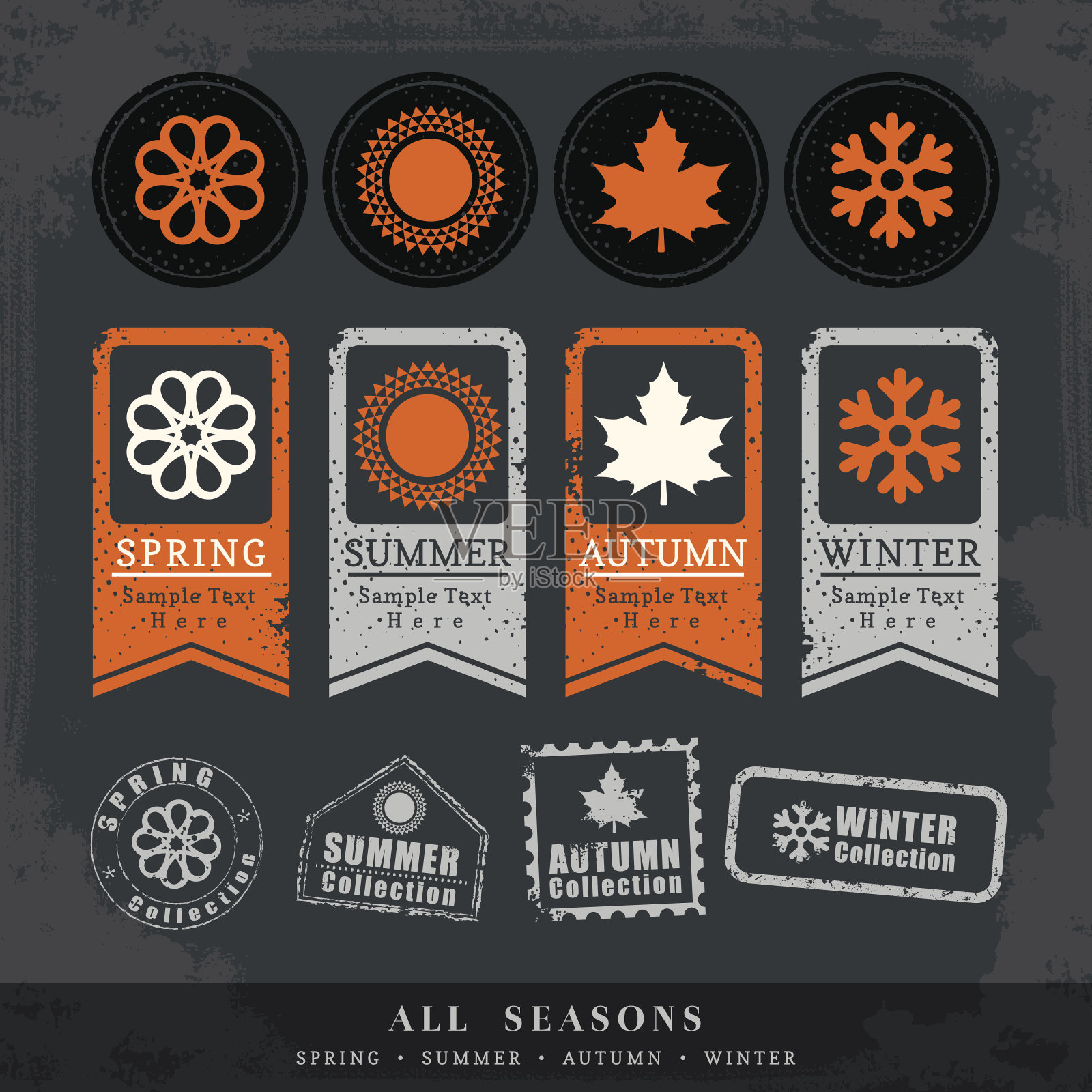 四季符号矢量插图邮票标签标签插画图片素材