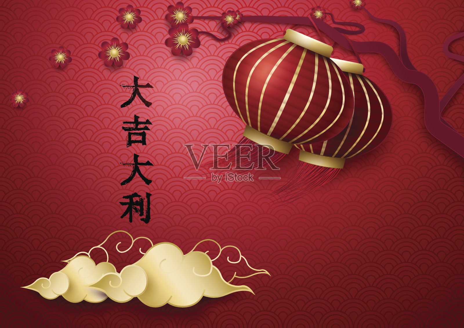 新年快乐，以亚洲灯笼为背景插画图片素材