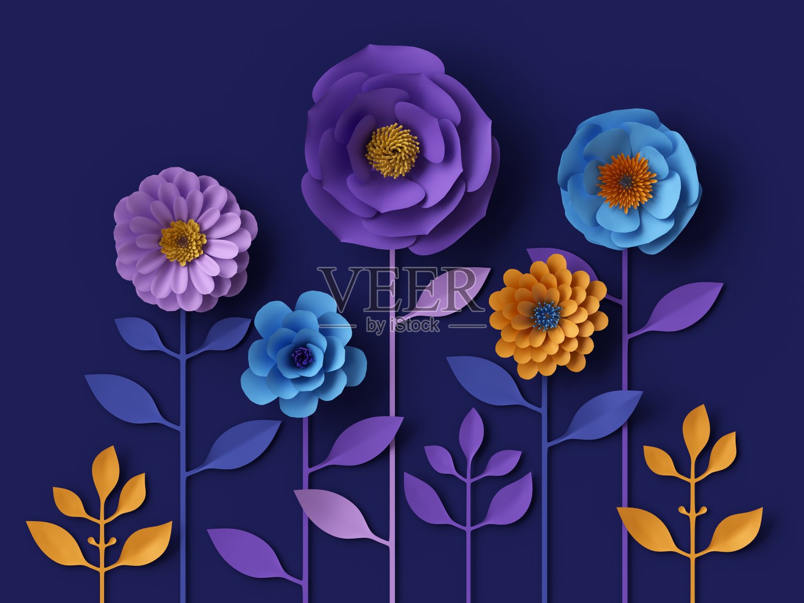 3d插画，纸花，花的背景，情人节的心插画图片素材