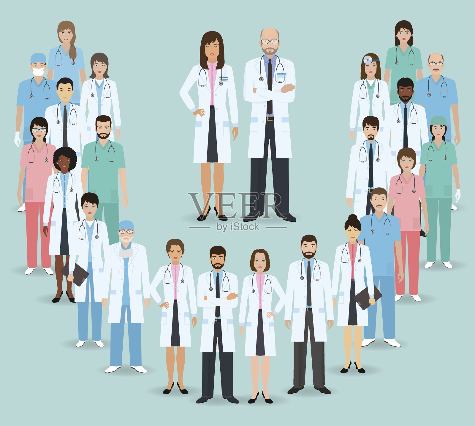 一群医生和护士站在一起。药旗帜。医疗队。插画图片素材