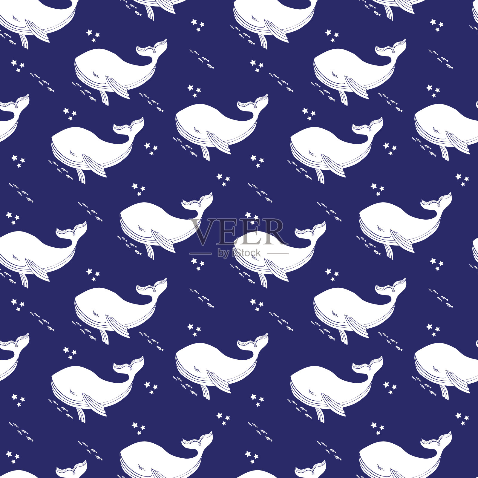 睡眠鲸鱼可爱的卡通插图，无缝矢量图案设计元素图片