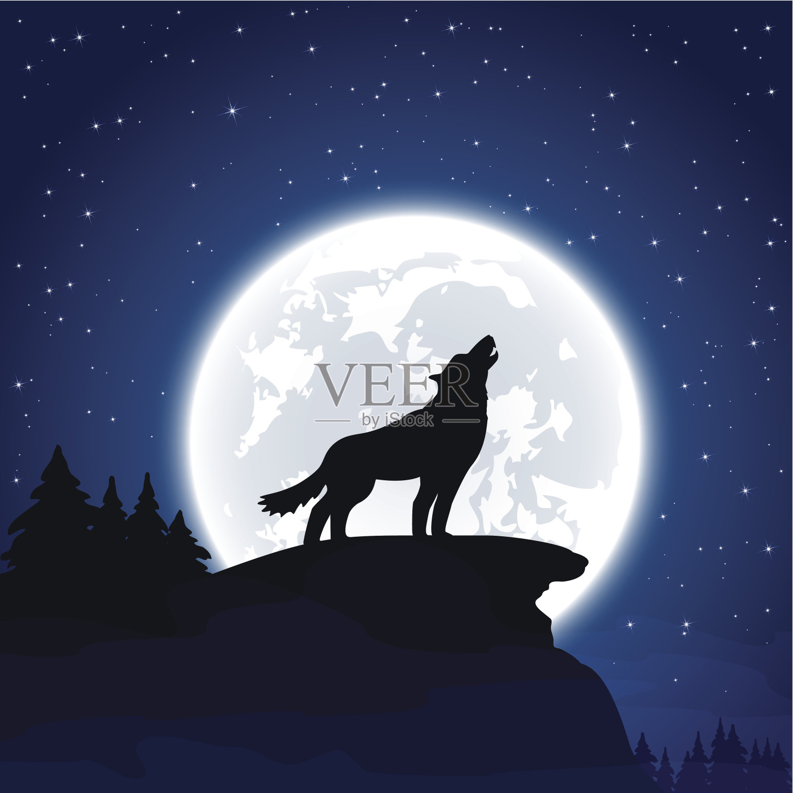 月亮上的狼插画图片素材