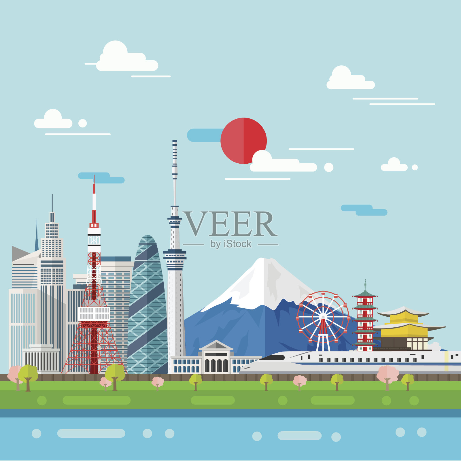 日本东京城市的平面插图。日本著名地标插画图片素材