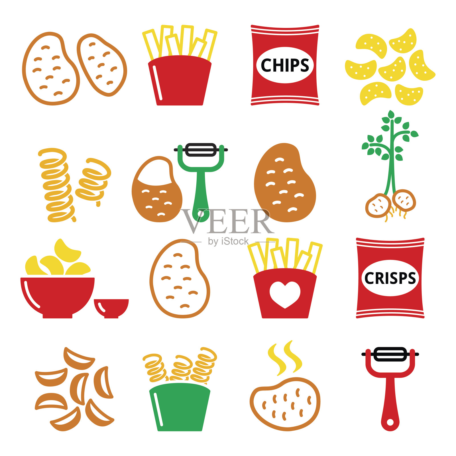 土豆，炸薯条，薯片，薯片矢量图标设置设计元素图片