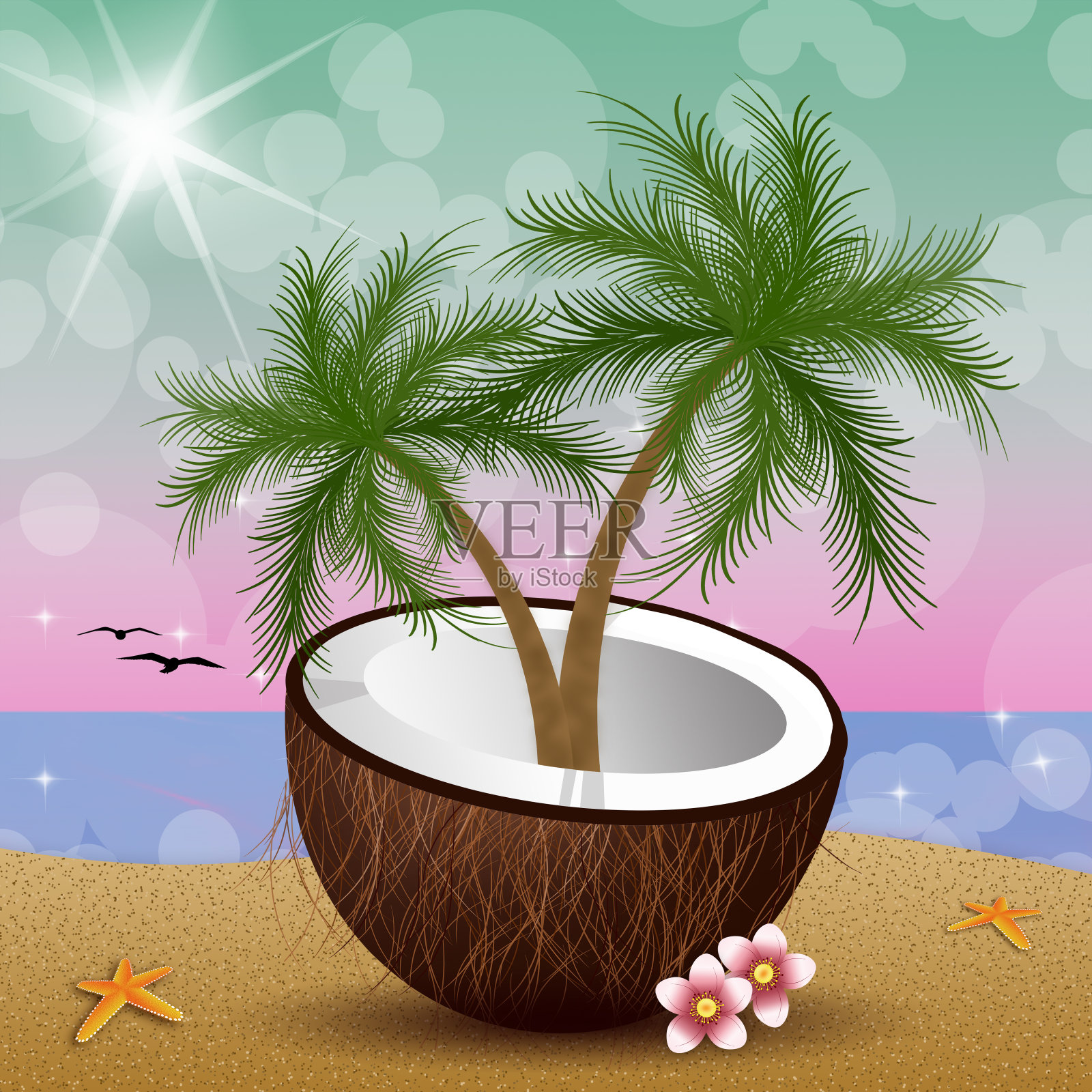 沙滩上有椰子和棕榈树插画图片素材