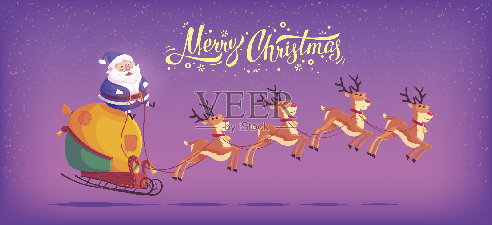 可爱的蓝色卡通圣诞老人骑着驯鹿雪橇设计模板素材
