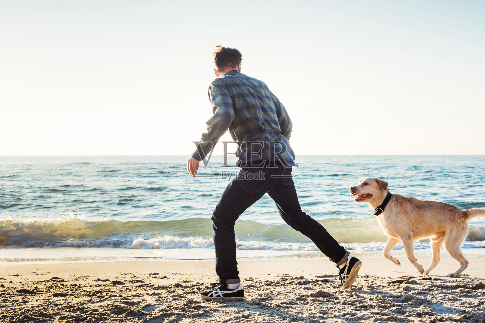 年轻的白人男性在海滩上和拉布拉多犬玩耍照片摄影图片